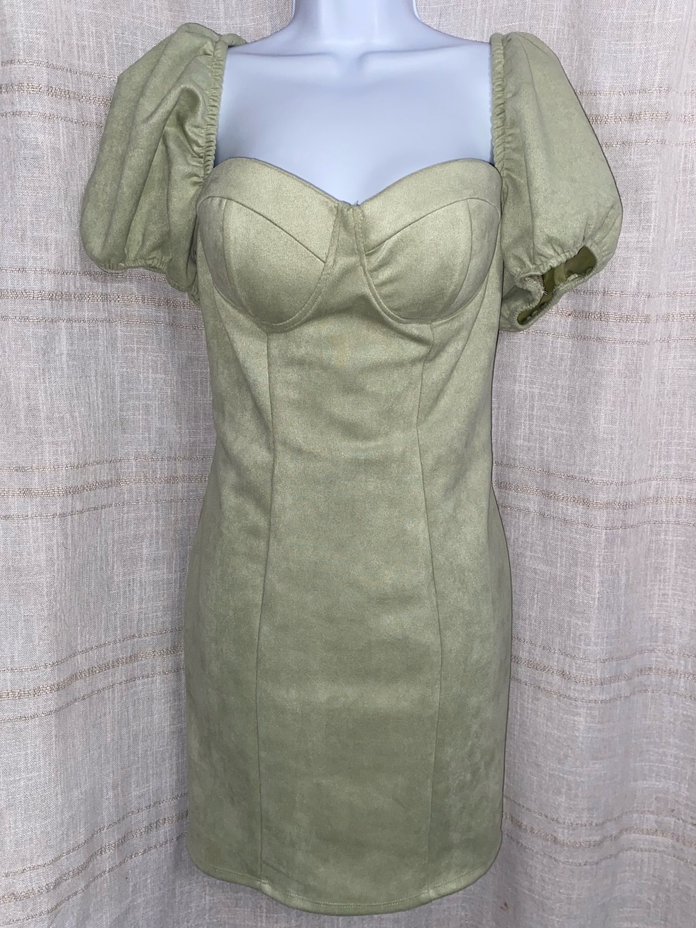 Haute Monde Sage Green Faux Suede Bustier Mini Dress Puff Sleeve L